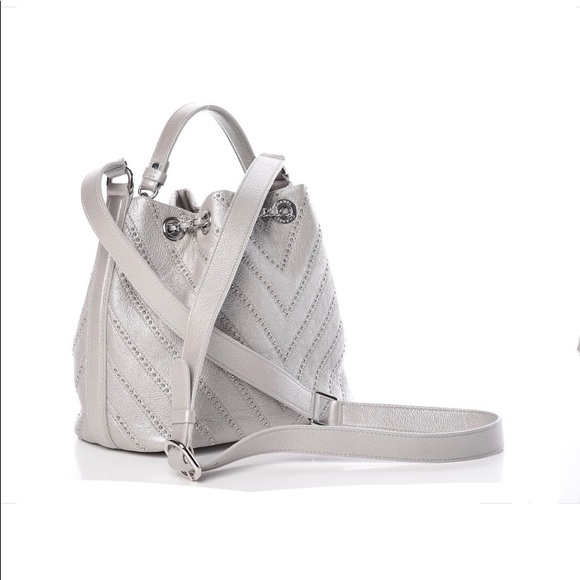 Chanel drawstring Metallic Calfskin Studded Chevron Quilted Crossbody - Picture 4 of 13